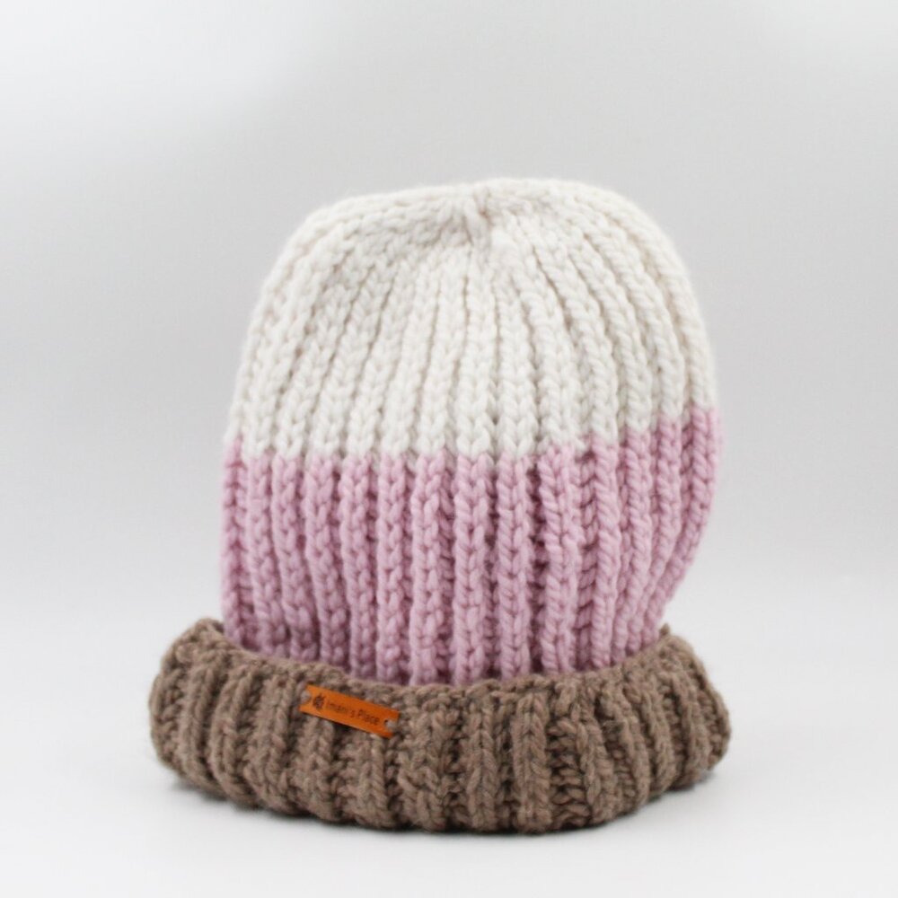 Handmade Chunky Knit Beige, Powder Pink, & White Wool Alpaca Folgate Hat